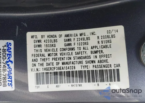 2014 Honda Accord Lx z USA, uszkodzony, nr VIN 1HGCR2F38EA154328